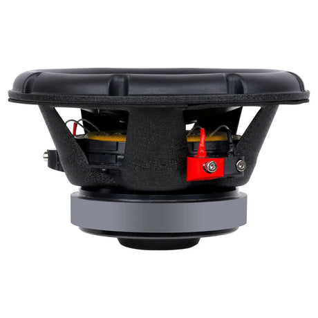 Side view of an Audiopipe woofer showing its basket, yellow suspension, red terminal and magnet