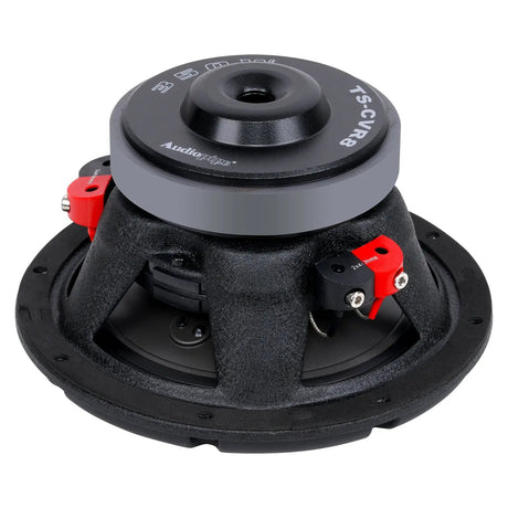 Rear angled view of an Audiopipe woofer showing its labeled magnet and red terminal