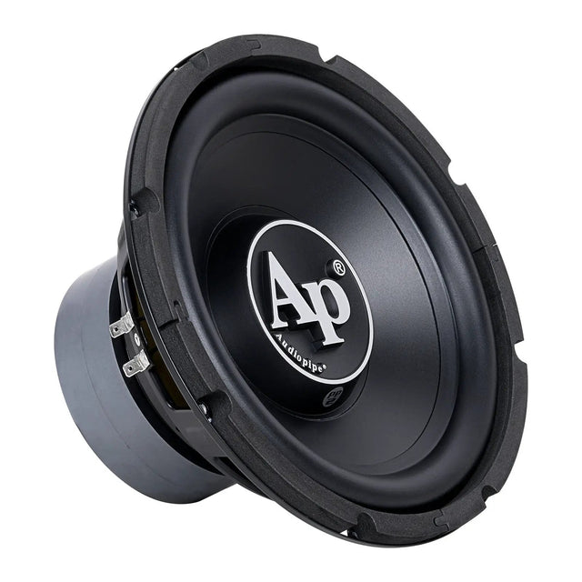 Angled front view of an Audiopipe subwoofer with a black cone and large white AP logo
