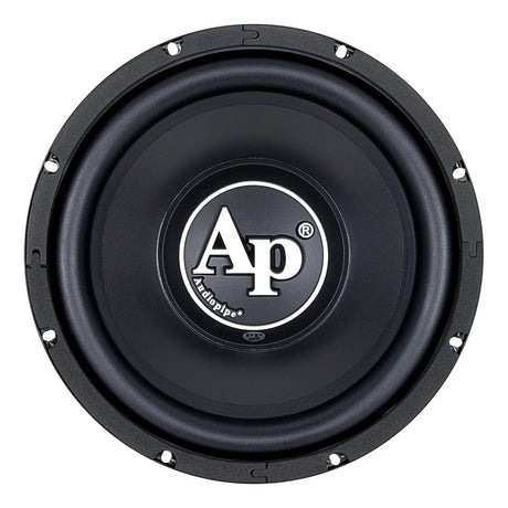 Black Audiopipe subwoofer with an AP center logo, front view