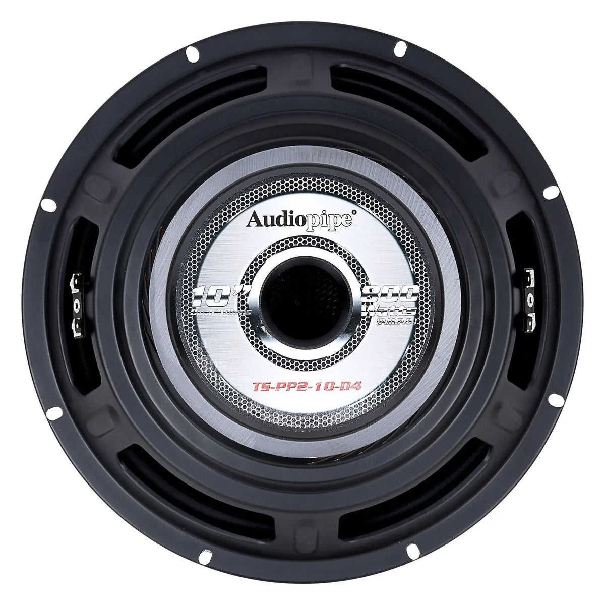 Rear view of an Audiopipe TS-PP2-10-D4 subwoofer with a 10-inch, dual-4-ohm label around the central vent