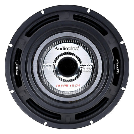 Rear view of an Audiopipe TS-PP2-10-D4 subwoofer with a 10-inch, dual-4-ohm label around the central vent
