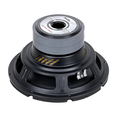 Angled rear view of Audiopipe subwoofer with labeled magnet and spring terminals