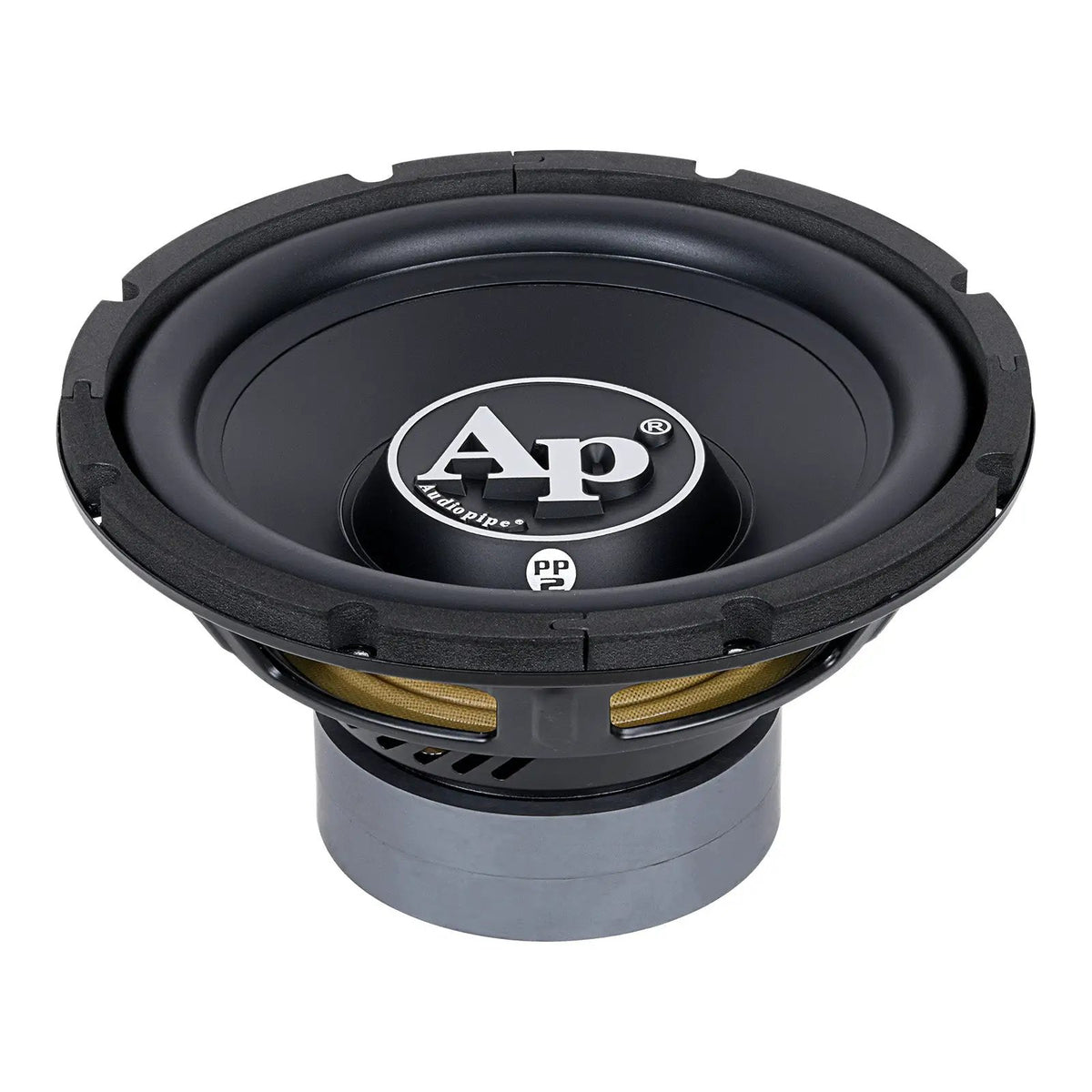 Angled view of a black Audiopipe subwoofer showing its large AP logo, suspension and stacked gray magnet