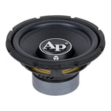 Angled view of a black Audiopipe subwoofer showing its large AP logo, suspension and stacked gray magnet