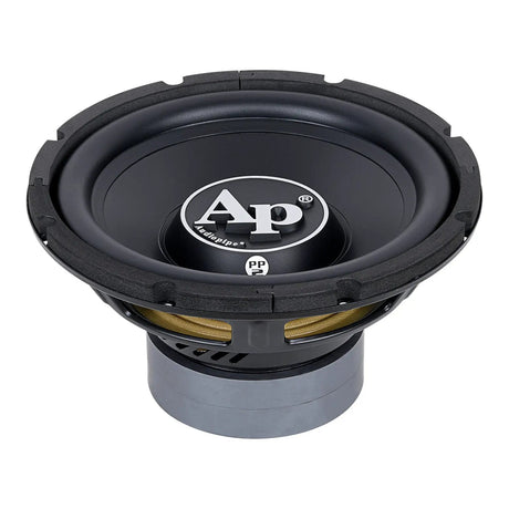 Angled view of a black Audiopipe subwoofer showing its large AP logo, suspension and stacked gray magnet