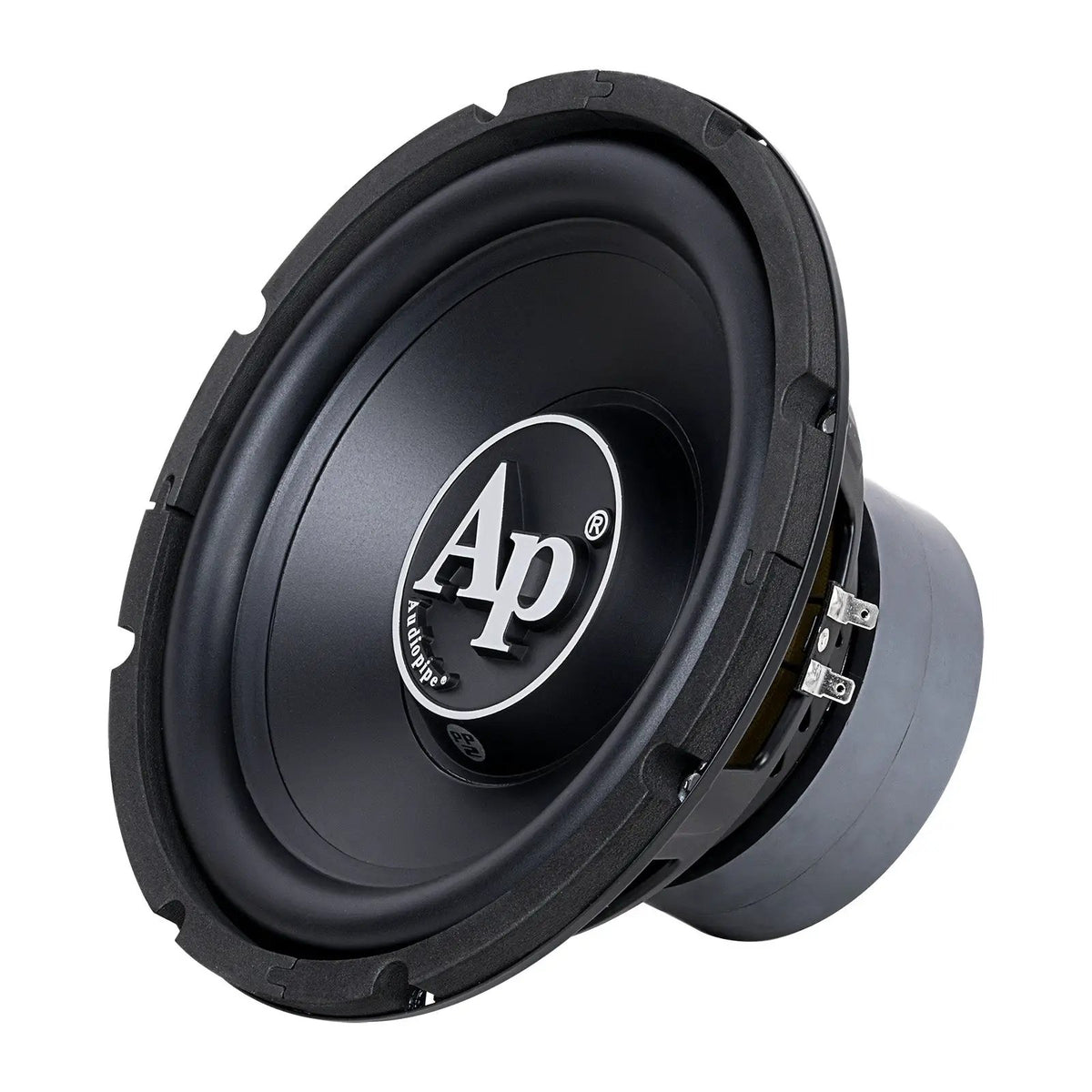 Angled front view of a black Audiopipe subwoofer with a large white AP logo and terminal block at the right