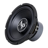 Angled front view of a black Audiopipe subwoofer with a large white AP logo and terminal block at the right