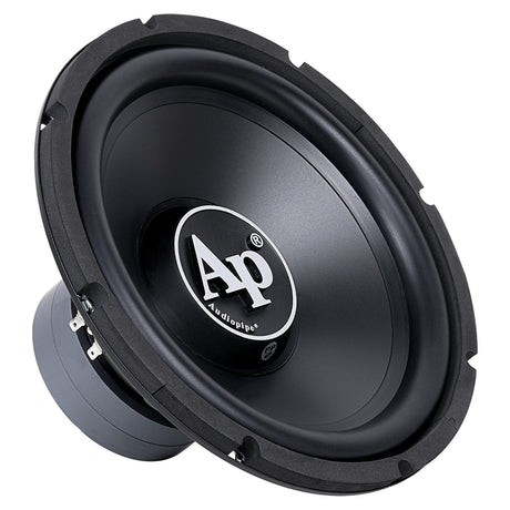 Angled front view of a black Audiopipe subwoofer with a large white AP logo and terminal block at the left