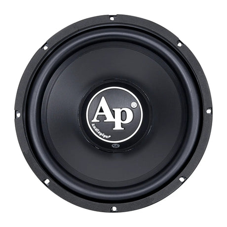 Front view of a black Audiopipe subwoofer with a large white AP logo on its cone