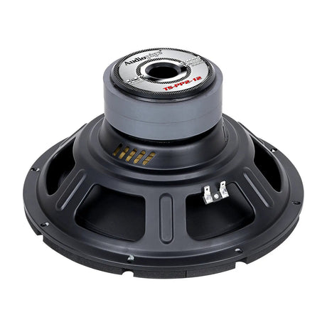 Rear angled view of a black subwoofer showing its vented magnet label, open basket and terminal block