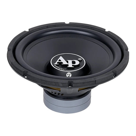 Angled view of a black Audiopipe subwoofer showing its cone, gold-colored suspension and stacked gray magnet