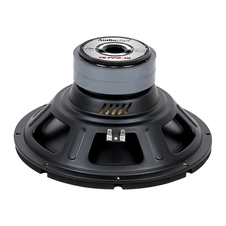 Rear view of an Audiopipe TS-PP2-12 subwoofer with a vented label marked 12 inches, 4 ohms and 1000W PMPO