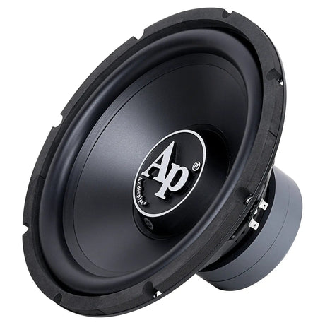 Angled front view of a black Audiopipe subwoofer with a large white AP logo and side terminal block