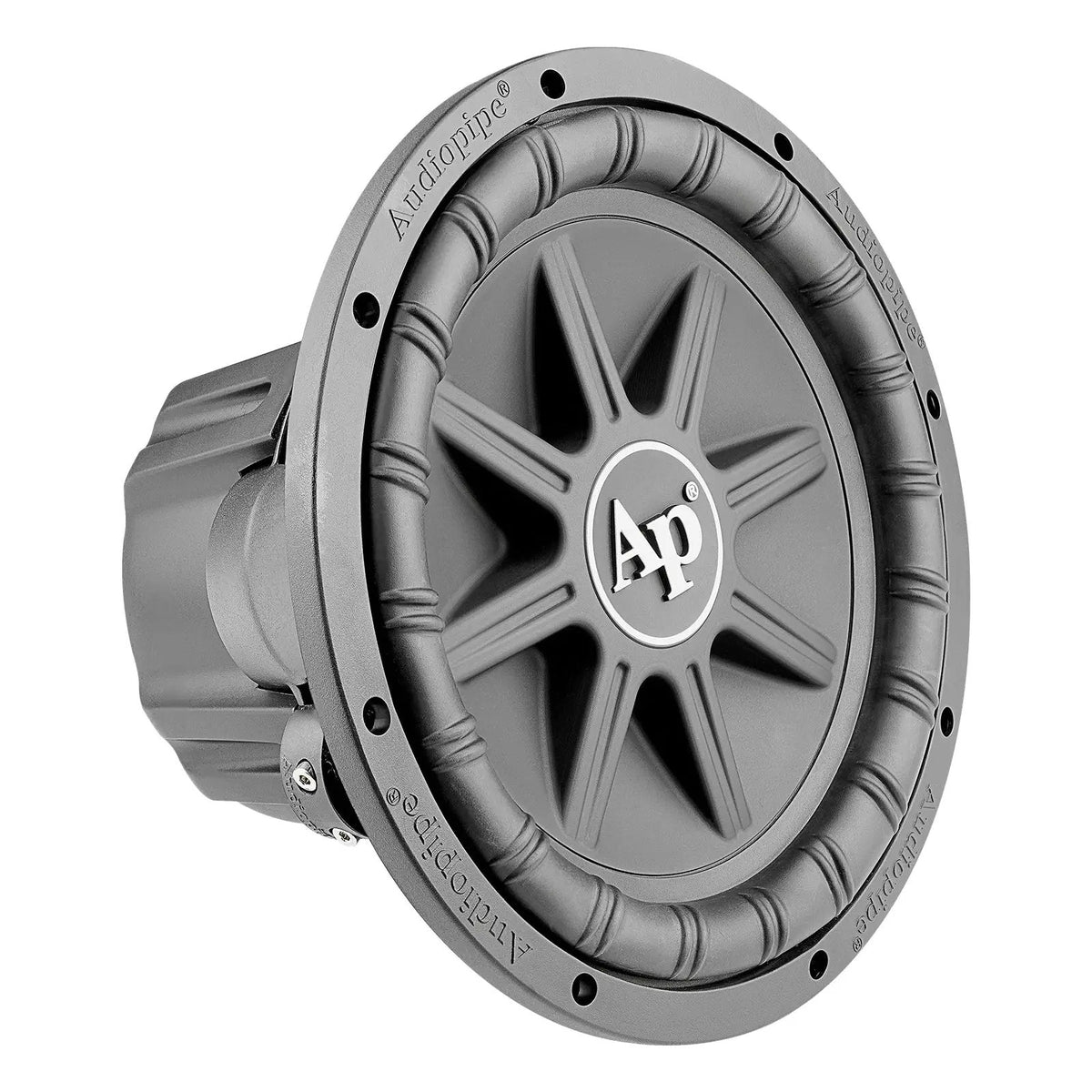 Angled front view of an Audiopipe subwoofer with star-shaped cone ribs and white AP logo