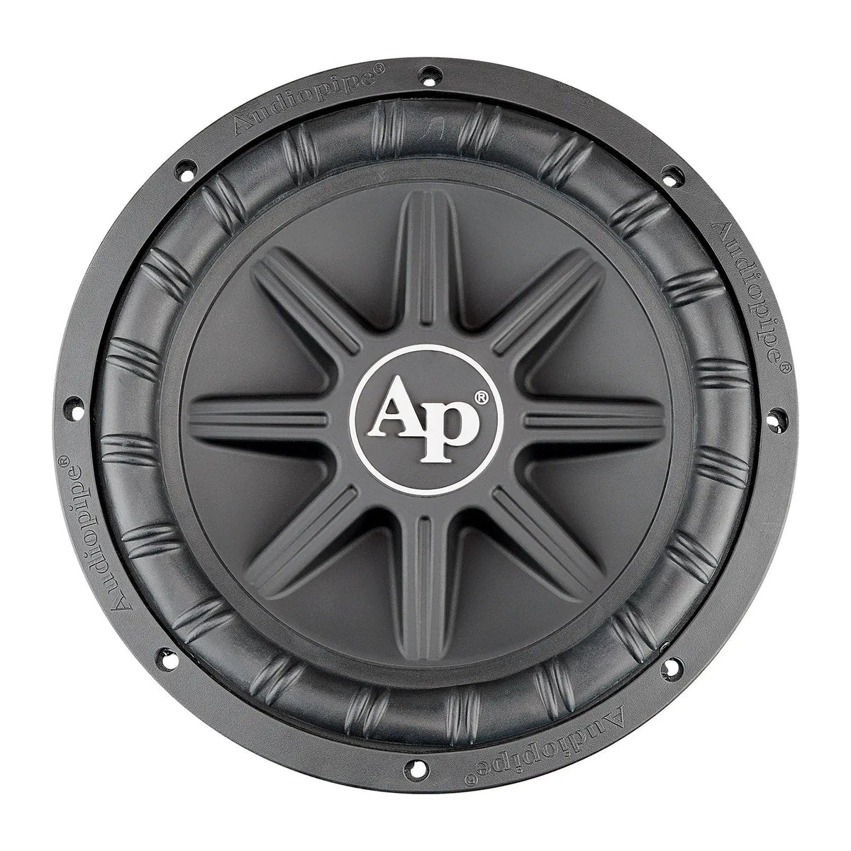 Front view of an Audiopipe subwoofer with star-shaped cone ribs and a ribbed surround