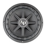 Front view of an Audiopipe subwoofer with star-shaped cone ribs and a ribbed surround