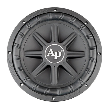 Front view of an Audiopipe subwoofer with star-shaped cone ribs and a ribbed surround