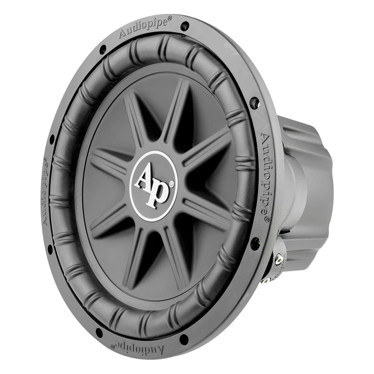 Opposite angled front view of an Audiopipe subwoofer with star-shaped cone ribs and white AP logo