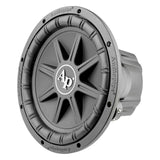 Opposite angled front view of an Audiopipe subwoofer with star-shaped cone ribs and white AP logo