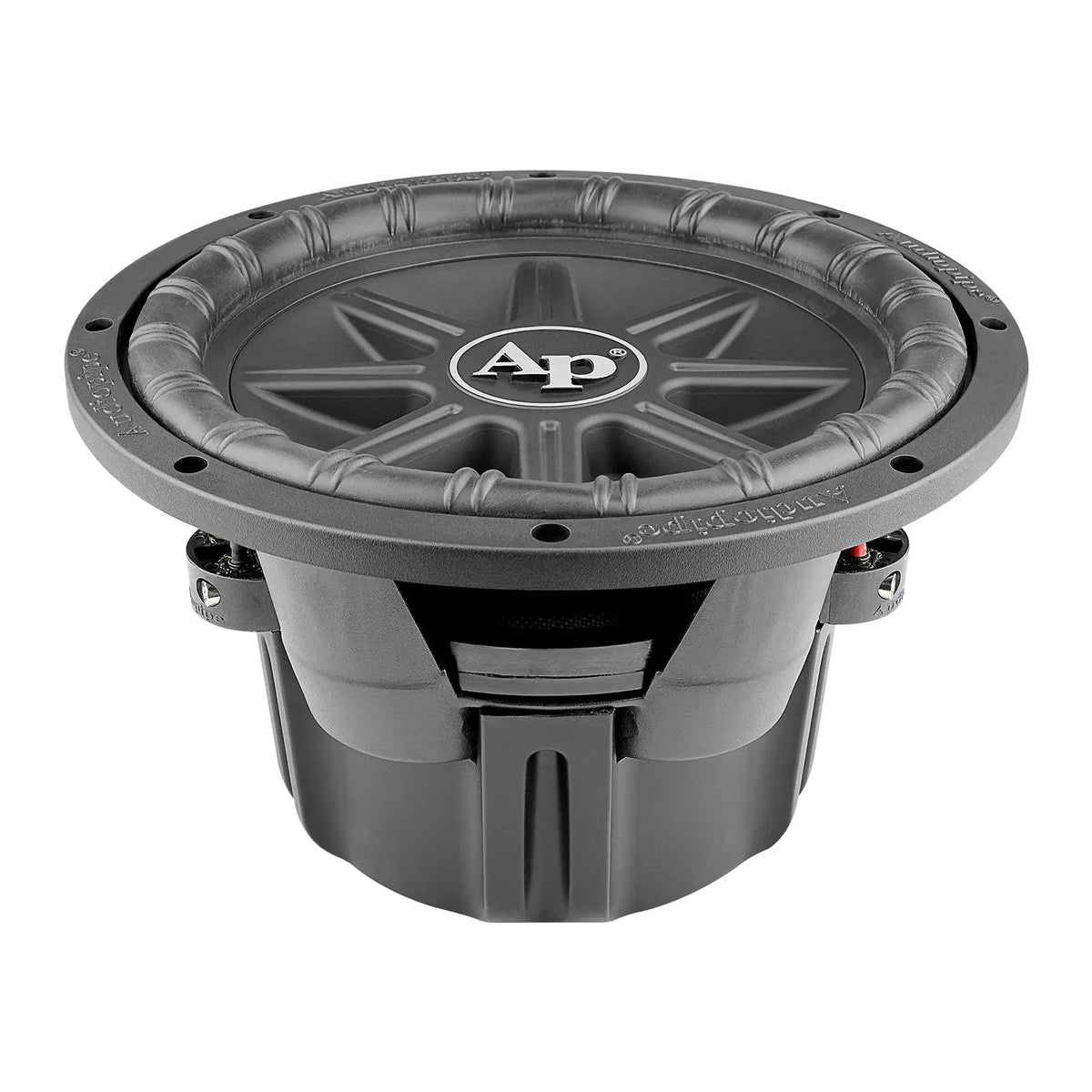 Audiopipe subwoofer with a sculpted cone, upper angled view