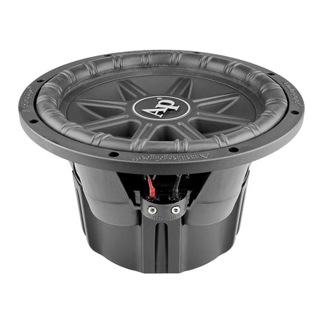 Audiopipe subwoofer with a sculpted black cone, angled view showing its basket and terminals