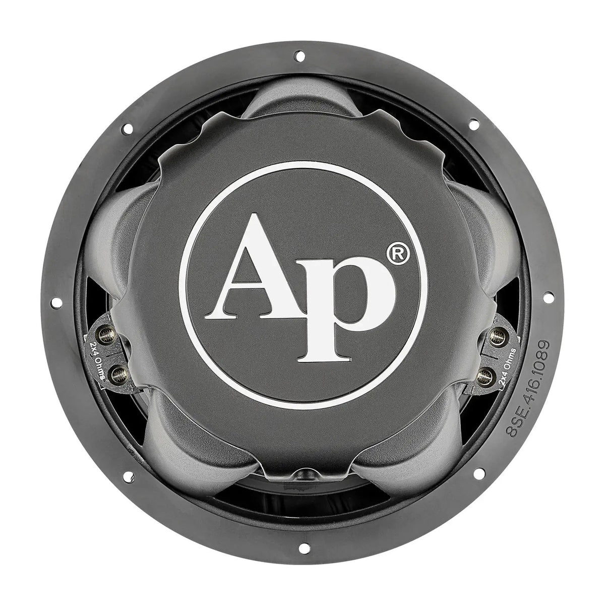 Rear view of an Audiopipe subwoofer with a large white AP logo on the magnet cover