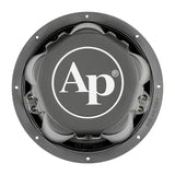 Rear view of an Audiopipe subwoofer with a large white AP logo on the magnet cover