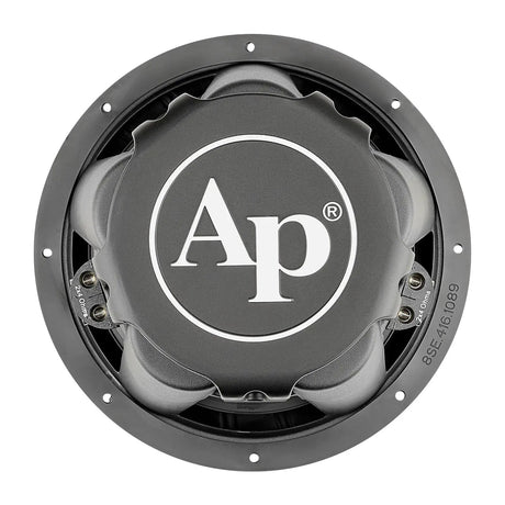 Rear view of an Audiopipe subwoofer with a large white AP logo on the magnet cover