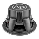 Audiopipe subwoofer, rear view showing an AP-branded motor cover and black basket
