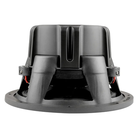 Subwoofer rear-side view showing the black motor cover, basket and terminal leads