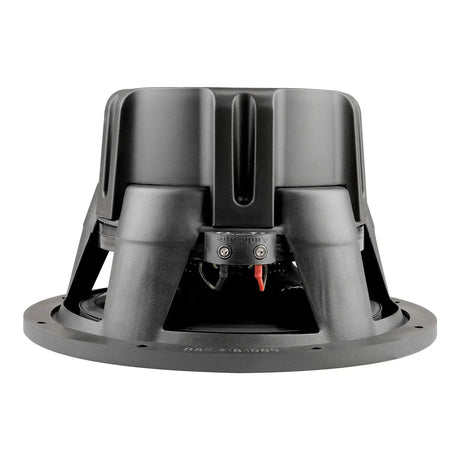 Subwoofer rear-side view showing the black motor cover, open basket and terminal block