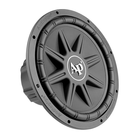 Audiopipe subwoofer with a sculpted black cone and AP logo, angled view