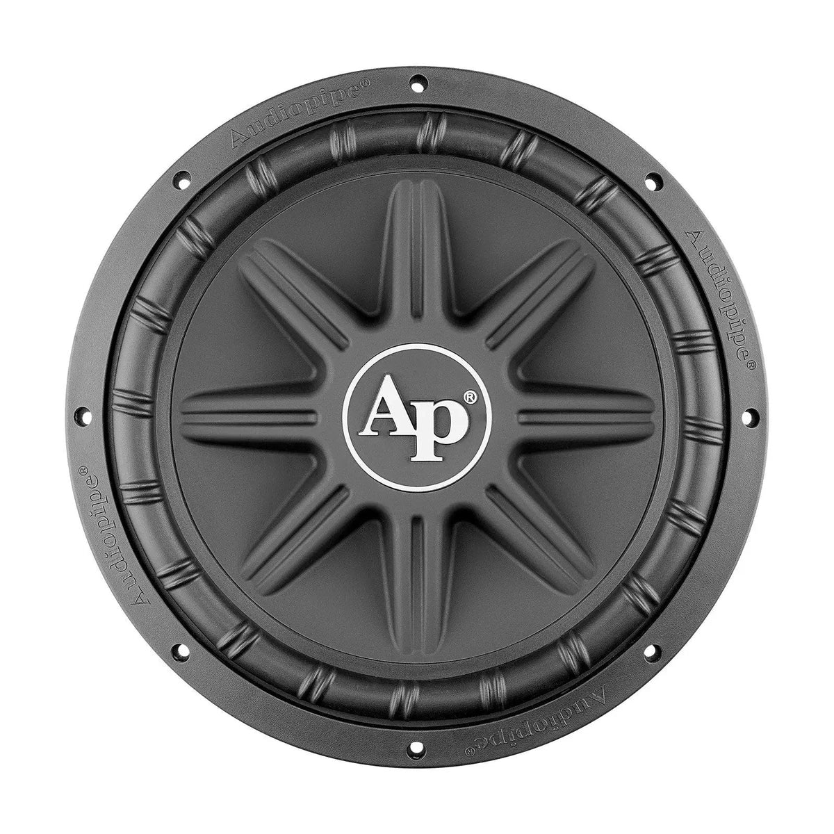 Front view of an Audiopipe subwoofer with raised radial cone ribs, white AP logo and mounting holes
