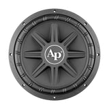 Front view of an Audiopipe subwoofer with raised radial cone ribs, white AP logo and mounting holes