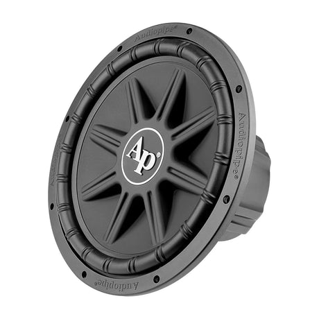 Audiopipe subwoofer with a sculpted black cone and AP logo, angled view