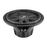 Side-angled view of an Audiopipe subwoofer showing ribbed cone, terminal block and covered magnet