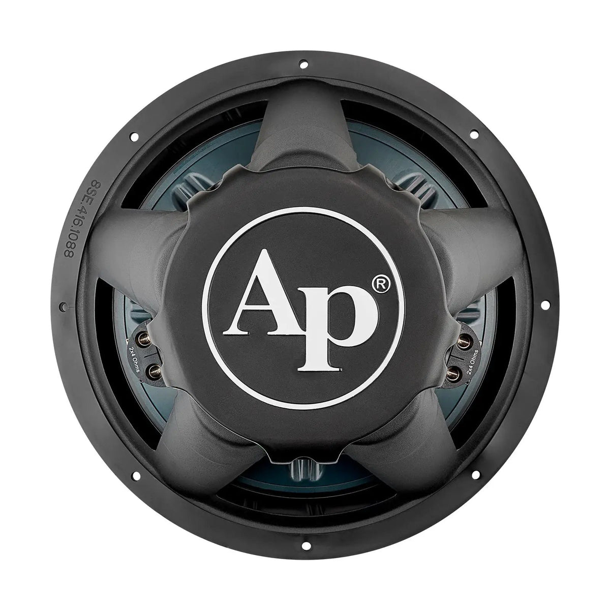 Rear view of an Audiopipe subwoofer showing a sculpted magnet cover with an AP logo and two terminal blocks