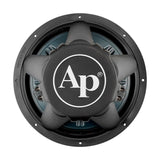 Rear view of an Audiopipe subwoofer showing a sculpted magnet cover with an AP logo and two terminal blocks