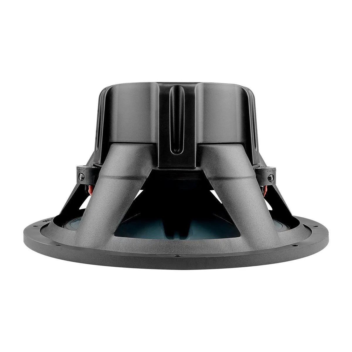 Subwoofer rear-side view showing the black motor cover and basket
