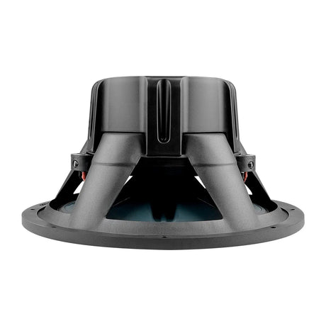 Subwoofer rear-side view showing the black motor cover and basket