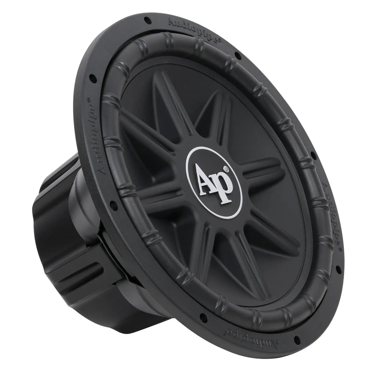 Angled view of a black subwoofer with a ribbed cone, large white AP logo and enclosed magnet cover