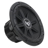 Angled view of a black subwoofer with a ribbed cone, large white AP logo and enclosed magnet cover