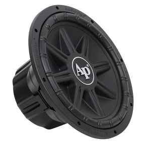 Angled view of a black subwoofer with a ribbed cone, large white AP logo and enclosed magnet cover