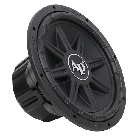 Angled view of a black subwoofer with a ribbed cone, large white AP logo and enclosed magnet cover