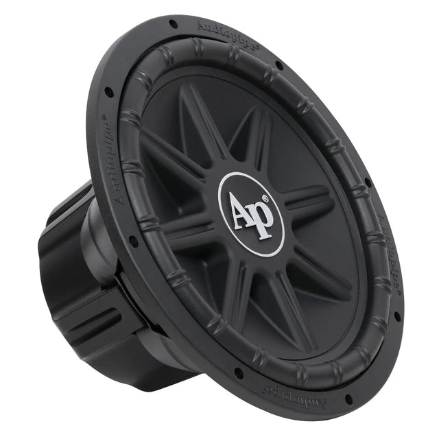 Angled view of a black subwoofer with a ribbed cone, large white AP logo and enclosed magnet cover