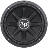 Front view of a black subwoofer with a ribbed cone, thick surround and large white AP logo