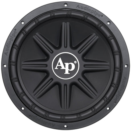 Front view of a black subwoofer with a ribbed cone, thick surround and large white AP logo