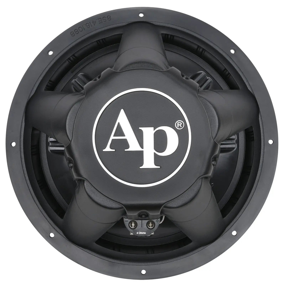 Rear view of a black subwoofer with a large AP logo on its magnet cover and two screw terminals