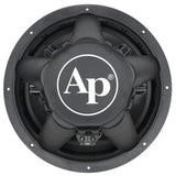 Rear view of a black subwoofer with a large AP logo on its magnet cover and two screw terminals